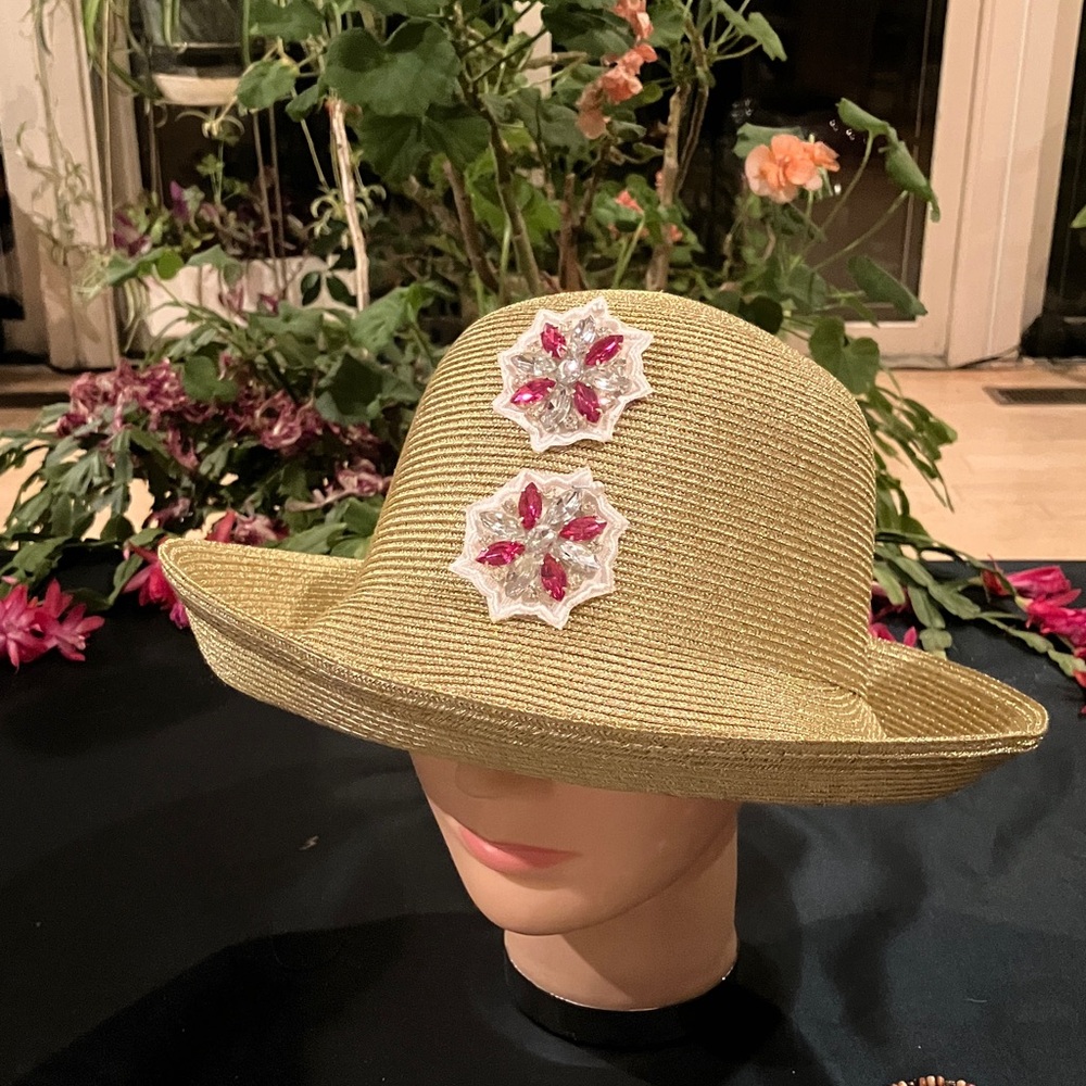 Elegant Metallic Gold Hat with Pink and White Crystal Accents